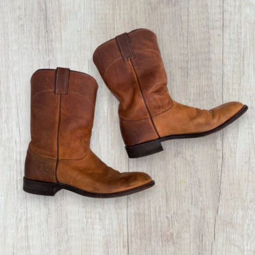 Justin Western Cowboy Boots Tan Brown Leather Pull-On Mens Size 10.5B Style 3408 - Picture 2 of 7
